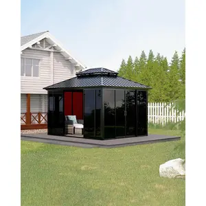 10x12 ft Hardtop Gazebo Sunroom, All-Season Aluminum Frame Enclosed Patio Solarium with Polycarbonate Sliding Doors & Double Roof for Backyard, Deck & Hot Tub Enclosure