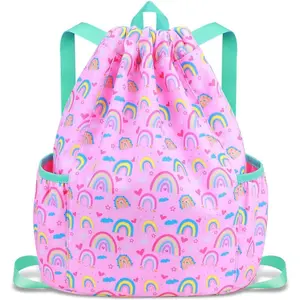 Drawstring Backpack for  - Rainbow Bags for Girls Mini Gym Dance Beach Swim Travel Bag With Two Water Bottle Holder