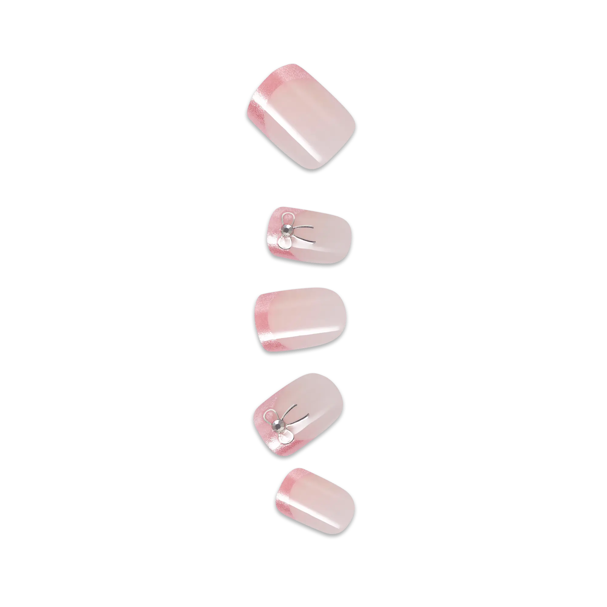 Impress Design No Glue Fake Press On Nails - Soft Petals | 3D & Jewel French Design, Pink, Short, Squoval, Manicure