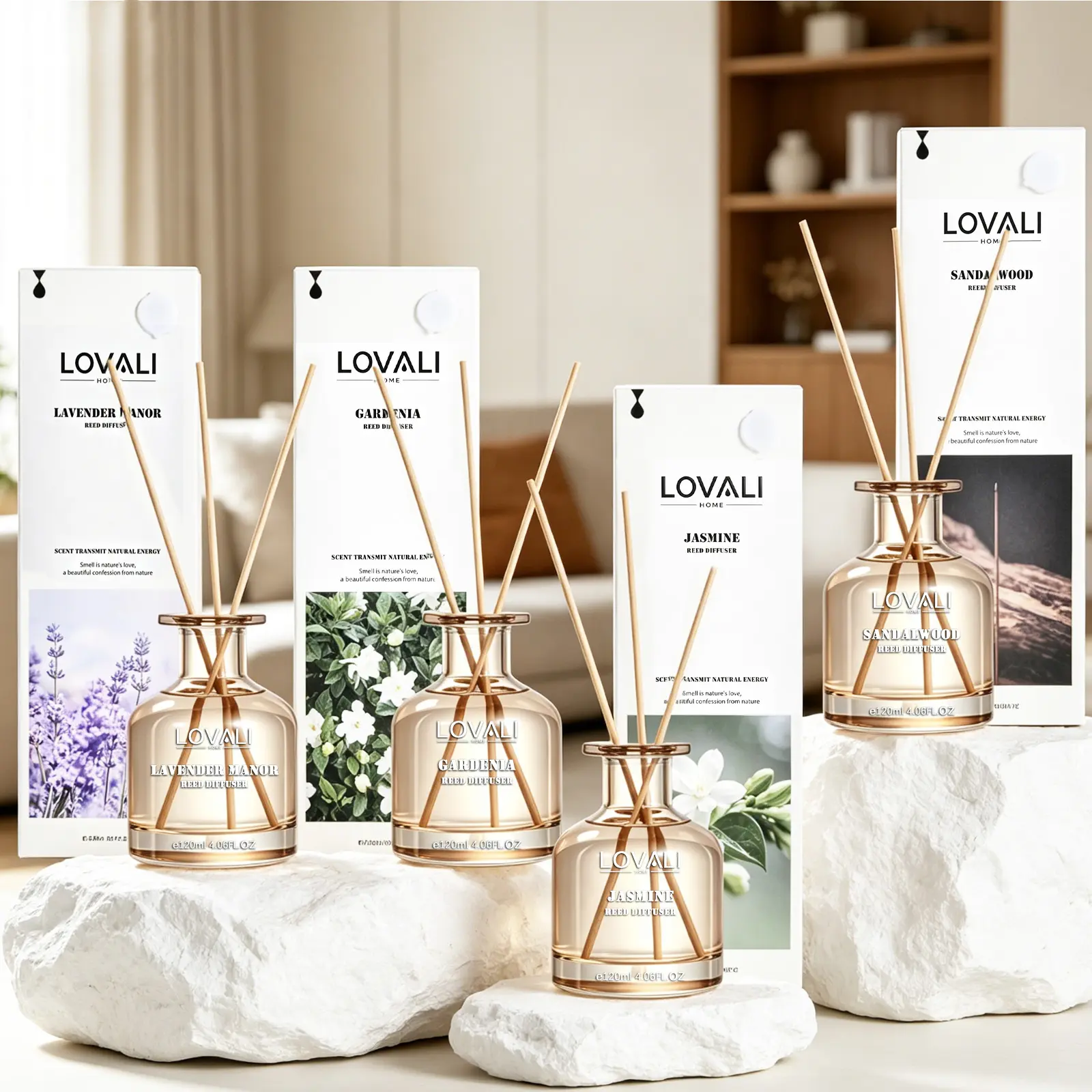 Reed Diffuser | 120ML / 4.06 OZ | 4 Scents: Lavender/Gardenia/Jasmine/Sandalwood | Elegant Aromatherapy with Long-Lasting Fragrance | Ideal for Bedroom, Living Room, Study | Sophisticated Home Decor Gift, AIR FUSION Diffuser Sticks