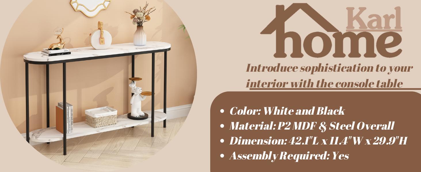 Karlhome  2-Tier Console Table for Entryway, Sofa Table with Storage Shelves White Round Faux Marbled Tabletop Black Metal Frame, Modern Behind Couch Table for Living Room Hallway Entrance Foyer