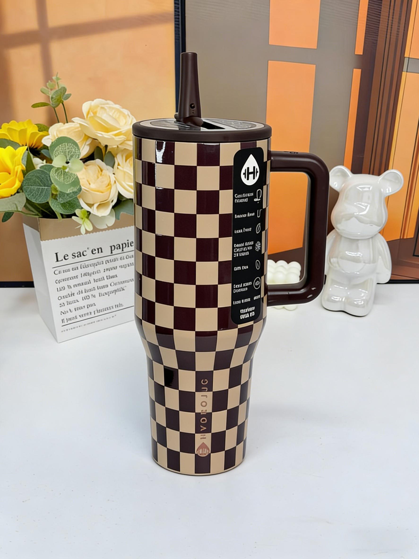 Hydrojug 40oz Insulated Tumbler with Handle & Straw Brown Checkerboard Stainless Steel Water Bottle Leakproof Lid BPA Free for Travel Gym Camping Daily Use Drinkware Flasks twist-on sarcastic frozen drink toddler can bartender airplane gourd pink pepper