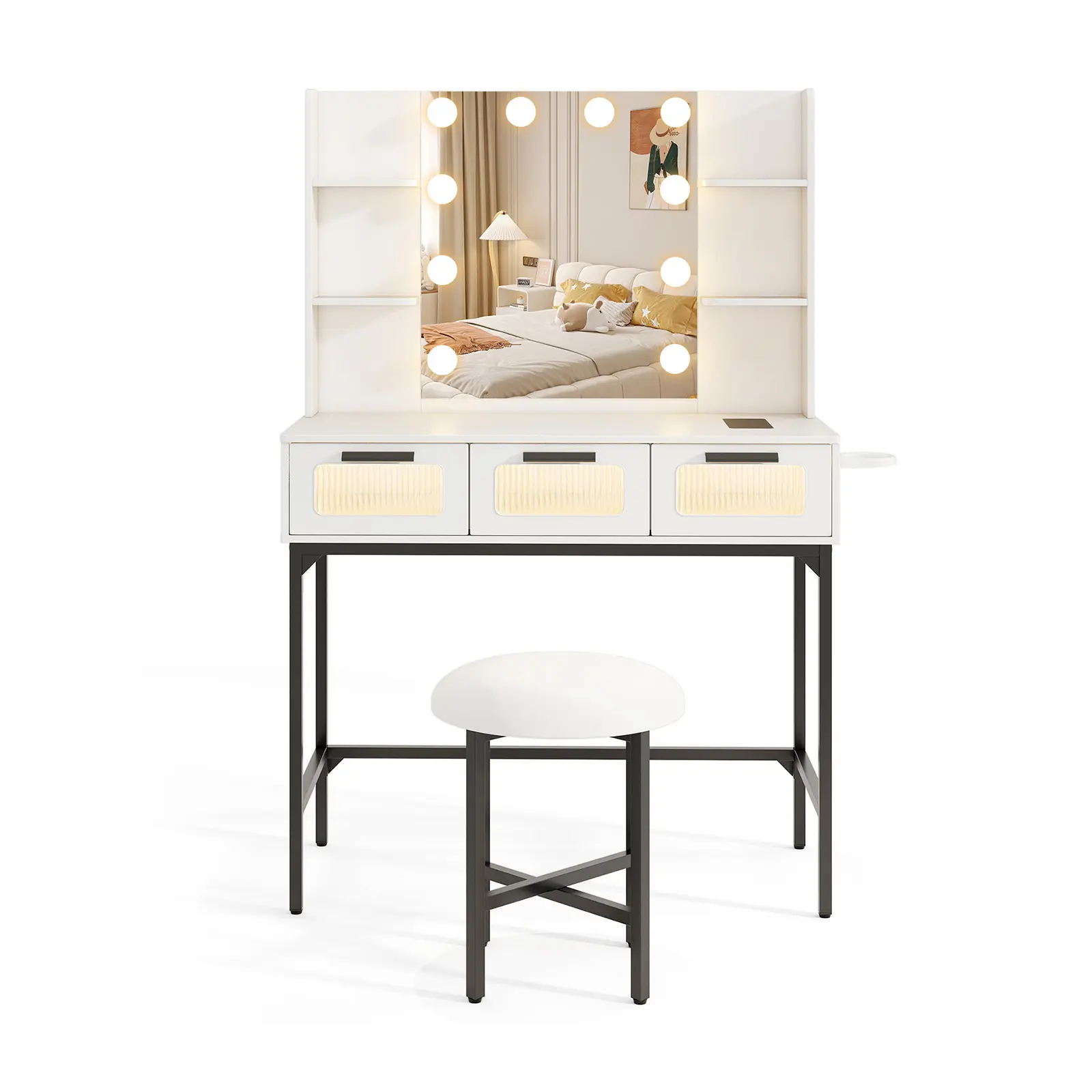 COSTWAY - Bedroom Makeup Vanity Desk with Hollywood Mirror and Lights-White