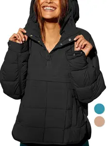 Renaishow Women's Oversized Hooded Pullover Puffer Jacket Quilted Packable Winter Coat with Functional Pockets & High Low Hem