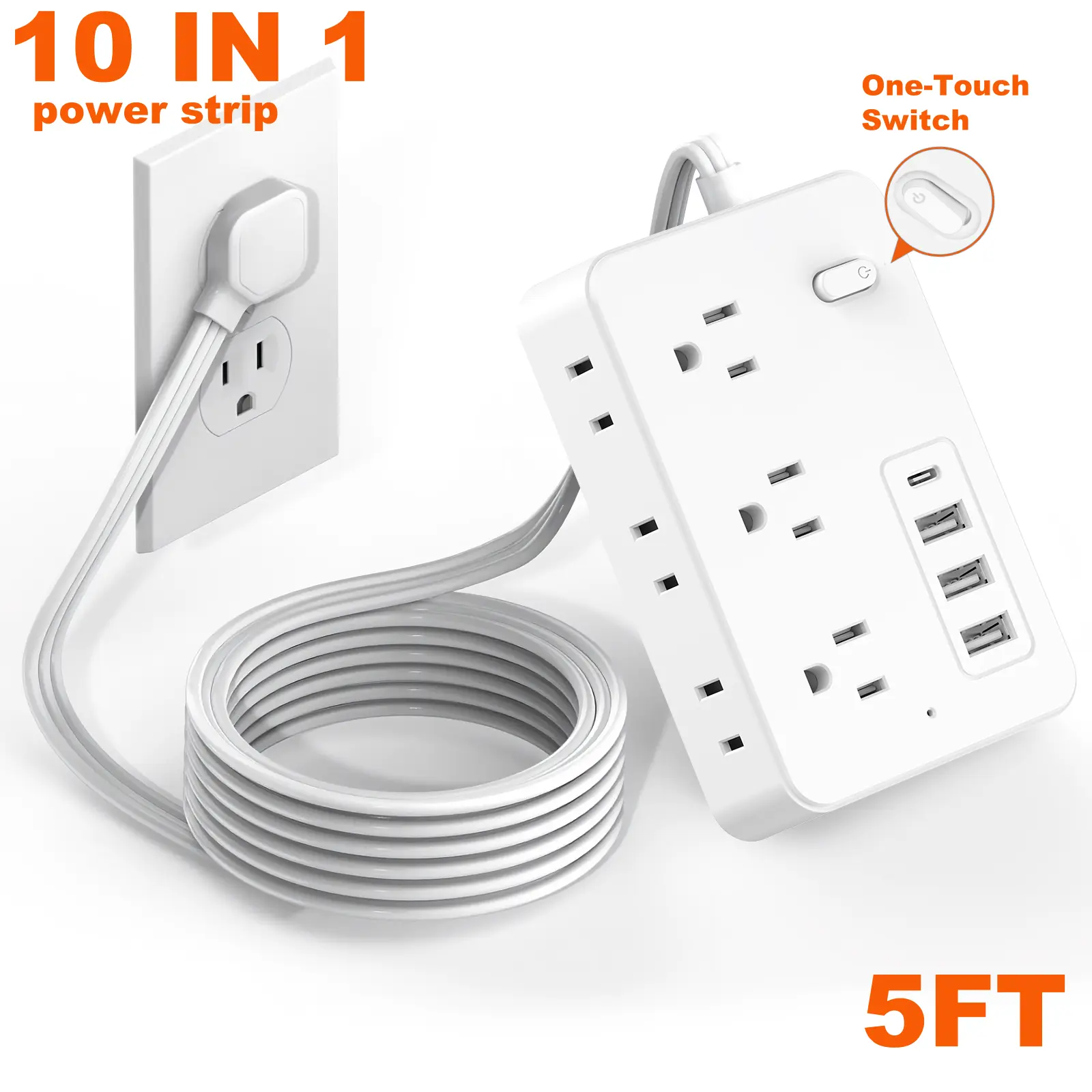 10-in-1 Power Strip Surge Protector with 6AC Outlets, 3USB &1Type-C Ports | 5FT Multi Plug Outlet Expander, Compact Desk Multi-plug Outlet | Flat Plug Design, Space-Saving Extension Cord for Home, Office And Kitchen