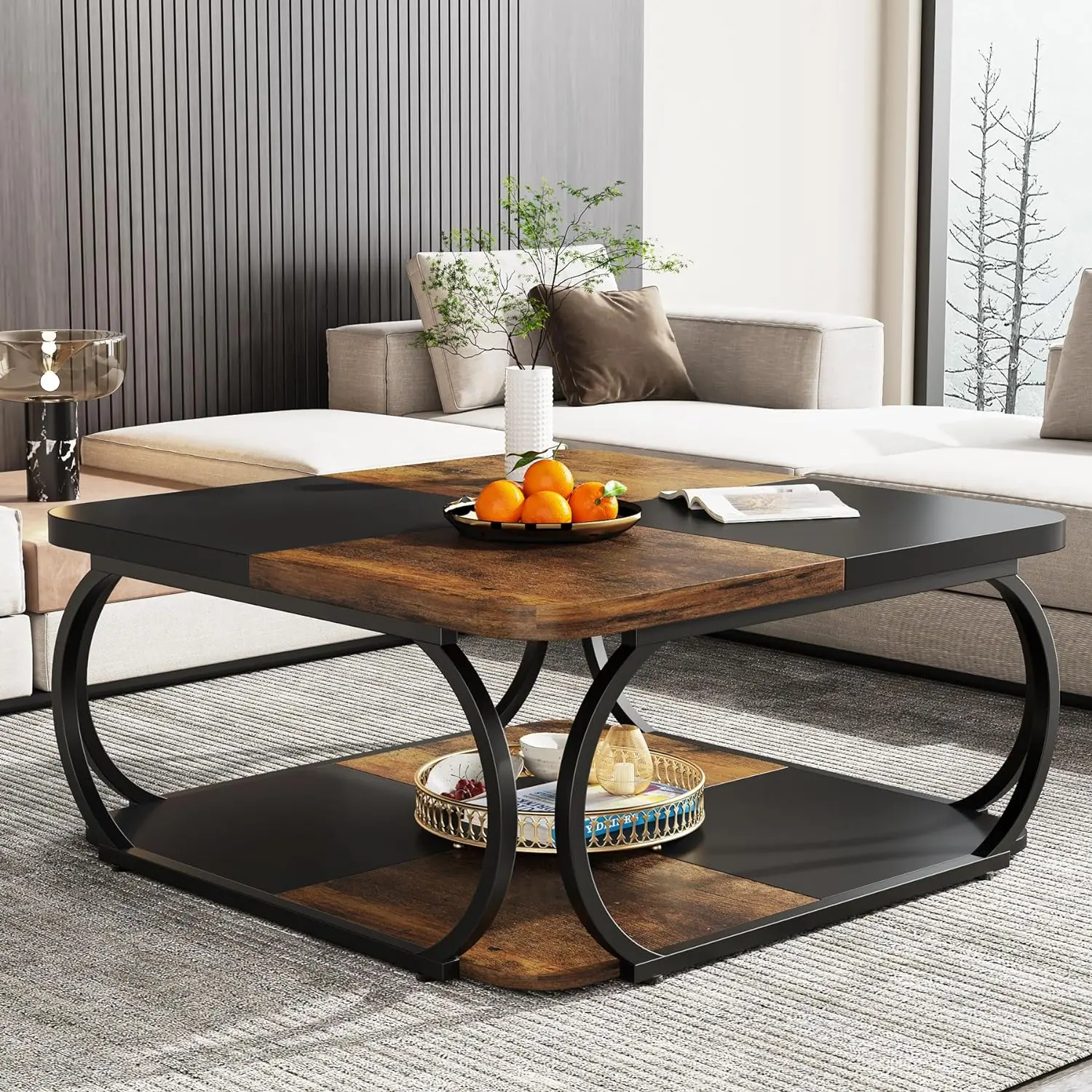 Tribesigns 2 Tiers Square Coffee Table, 40 inches Low Farmhouse Coffee Table with Wood Storage Shelf