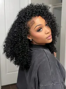Half Wig Human Hair Wigs Half Wig Kinky Curly Human Hair Wigs for Women 3 In 1 Invisible Hairline Wear And Go With Drawstring Seamless Adjustable Human Hair