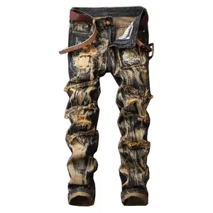 MXCVYCC Men's Ripped Stretchy Slim Fit Jeans - Distressed Brown Straight Leg Comfort Flex Denim Pants with Pockets, Menswear for Streetwear, Motocross All Seasons