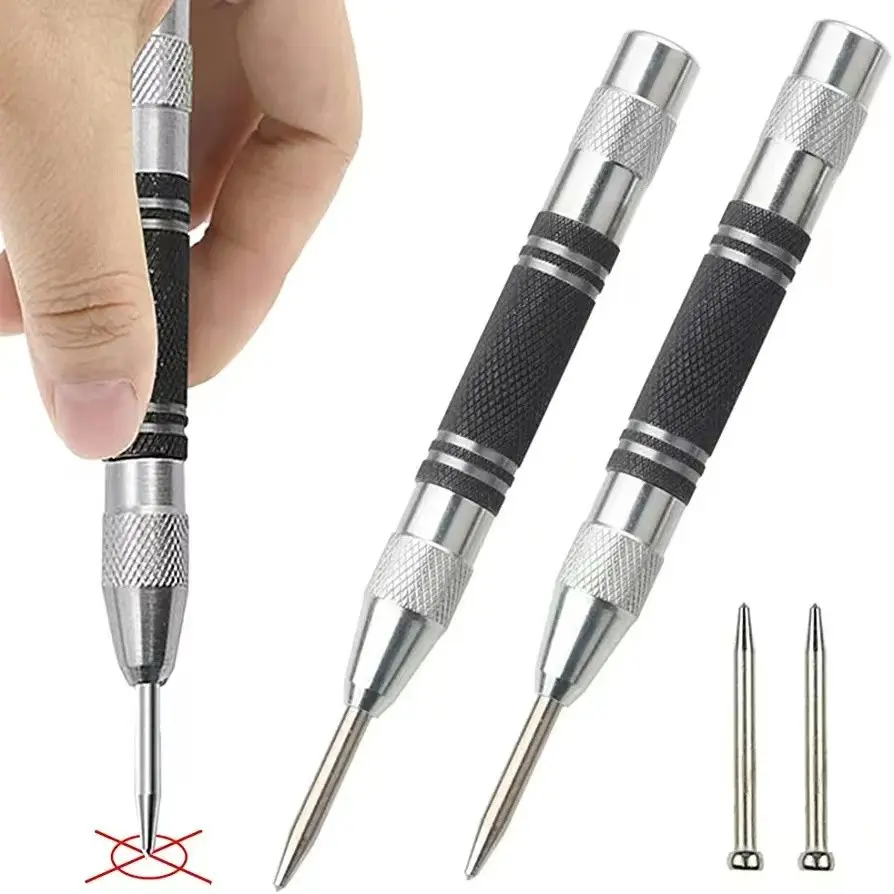 Automatic Center Punch Set, 5 Inch Heavy Duty Premium Steel Spring Center Punch, Adjustable Impact Marking Tool for Metal Plastic Wood Glass, Hand Tools