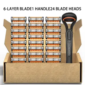 Men's Manual Razor Set, 1 Handle + 24 Refill Blades, 5-Layer Blades for Close & Smooth Shaving, Ergonomic Handle