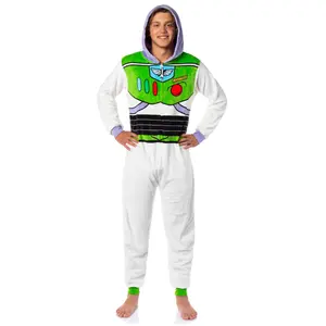 Disney Toy Story Adult Buzz Lightyear Hooded One Piece Costume Fleece Pajama Union Suit For Men and Women Cuffed Fabric