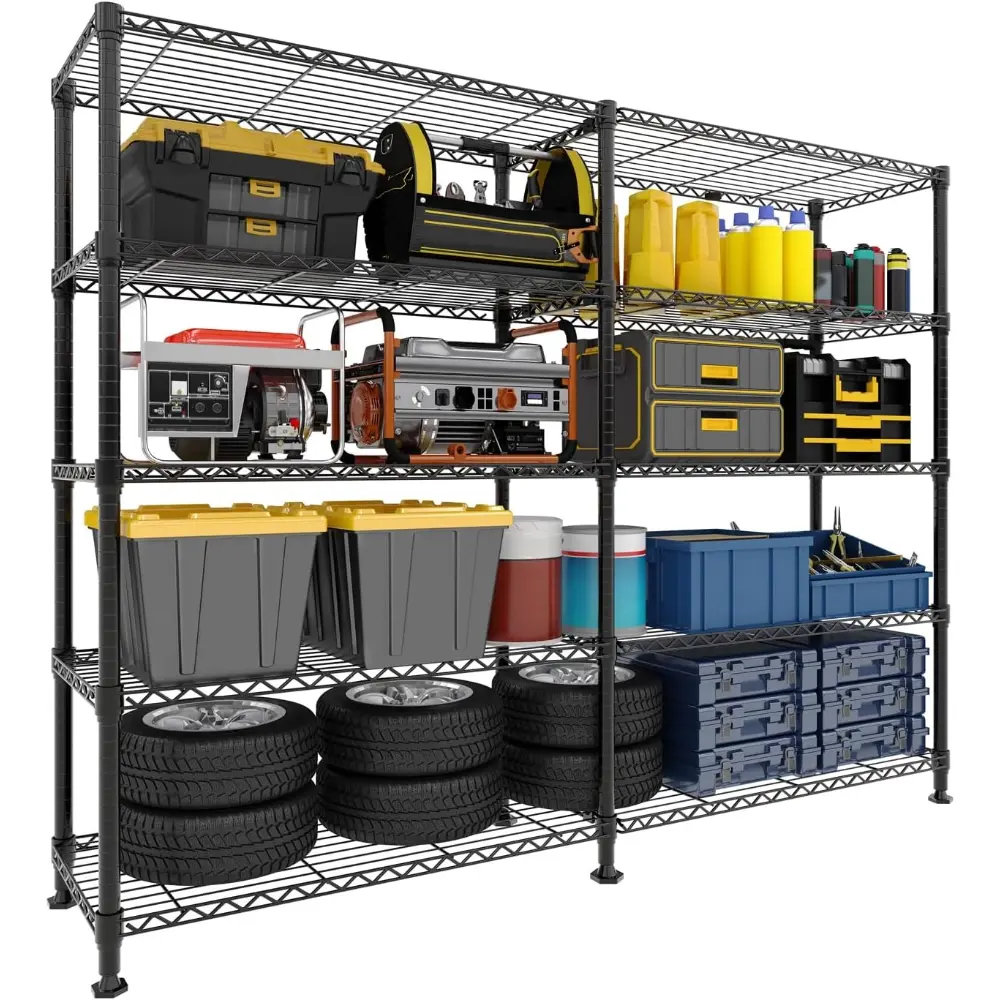 Durable 5-Tier 5-Layer Metal Storage Shelf Organiser with Metal Frame - 60" Wide Wire Unit, 1325LBS Load Capacity, Adjustable H/L-Shaped Corner Rack, 13.8" D x 70.5" H for Garage, Kitchen Organization, Tool
