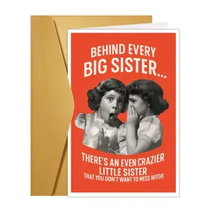 1pc Funny Big Sister Birthday Card - Humorous Greeting Card with Envelope | "Behind Every Big Sister, There's an Even Crazier Little Sister" - Perfect for Birthdays, Holidays, or Celebrating a Playful Bond