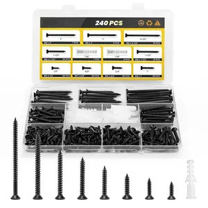 Screws Assortment Kit,  240 count High Hardness Flat   Screws Set, Phillips Drive Assorted Screws, Contain 15 count Anchors and 8 Size (2-1/2,2,1-1/2,1-1/4,1,3/4,5/8,1/2), Black