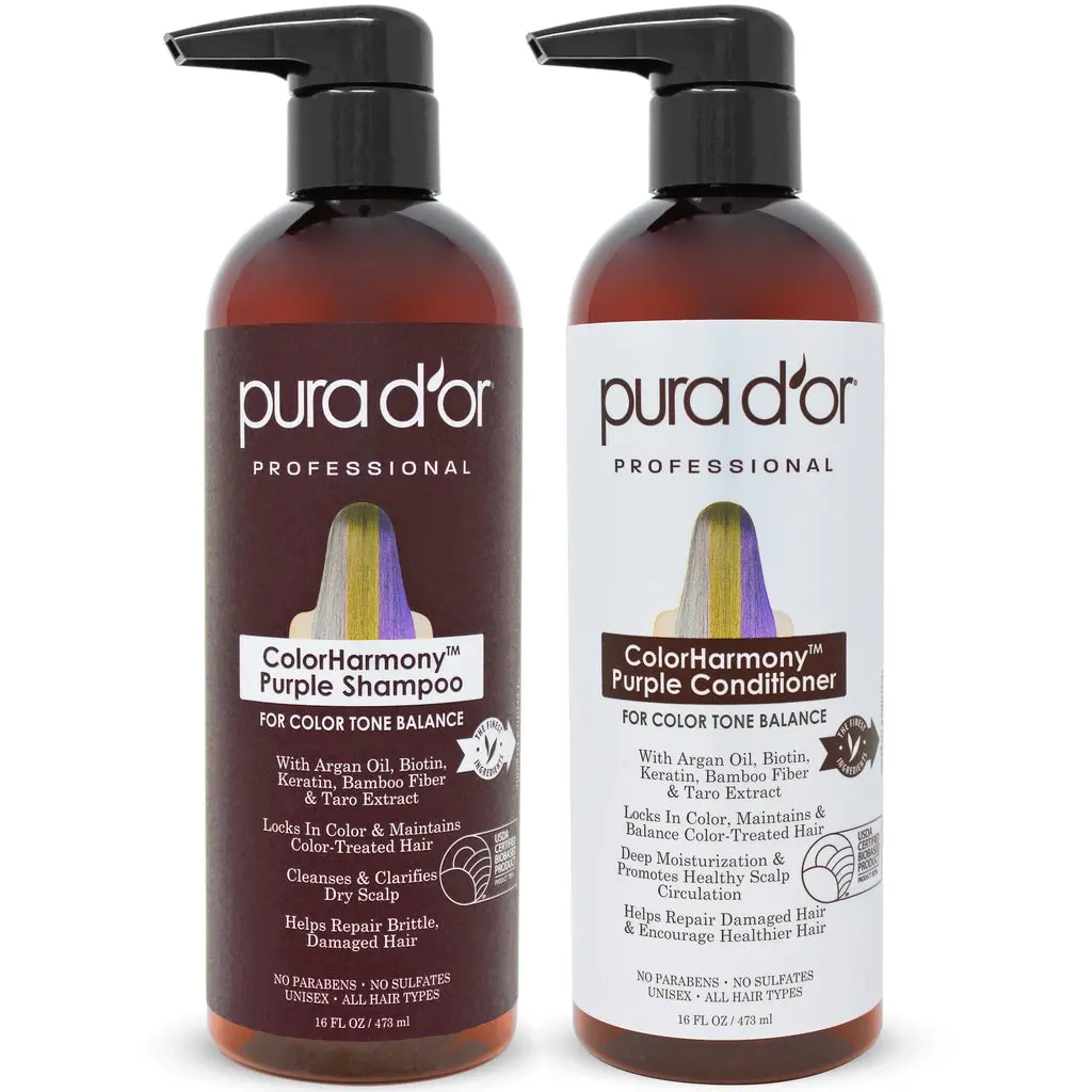 PURA D'OR ColorHarmony Purple Shampoo & Conditioner Setx2 16oz(473ml) – Purple Toning Shampoo for Blonde, Silver, Bleached & Highlighted Hair, Brass Removing Biotin Hair Care with Keratin & Argan Oil
