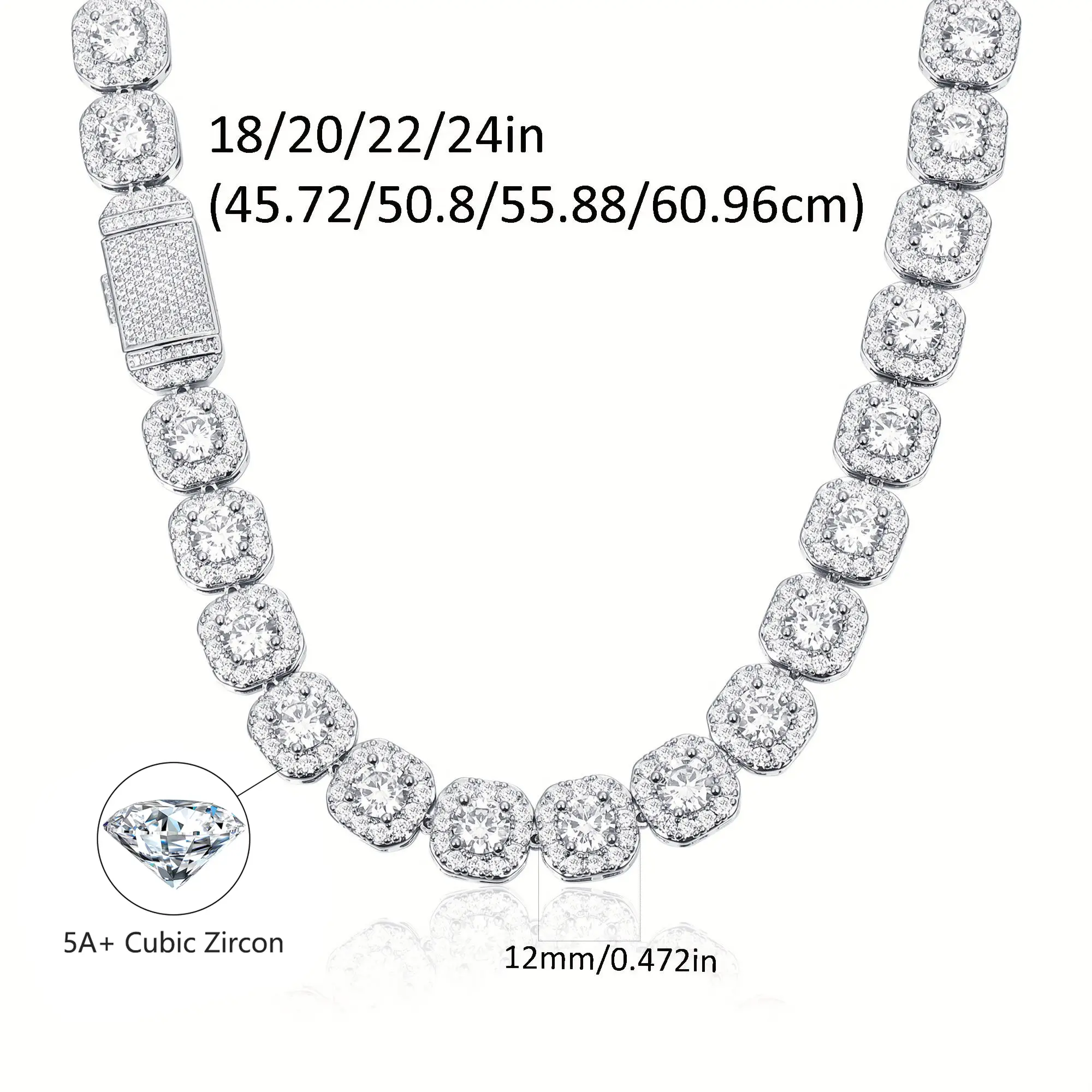 [Iced Out Hiphop Necklace] 12MM CZ Cuban Link Chain Necklace Round Cubic Zirconia Halo Classic Hiphop Style Trendy For Men For Women  16-24 Inches N-0007-W