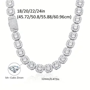 [Iced Out Hiphop Necklace] 12MM CZ Cuban Link Chain Necklace Round Cubic Zirconia Halo Classic Hiphop Style Trendy For Men For Women  16-24 Inches N-0007-W
