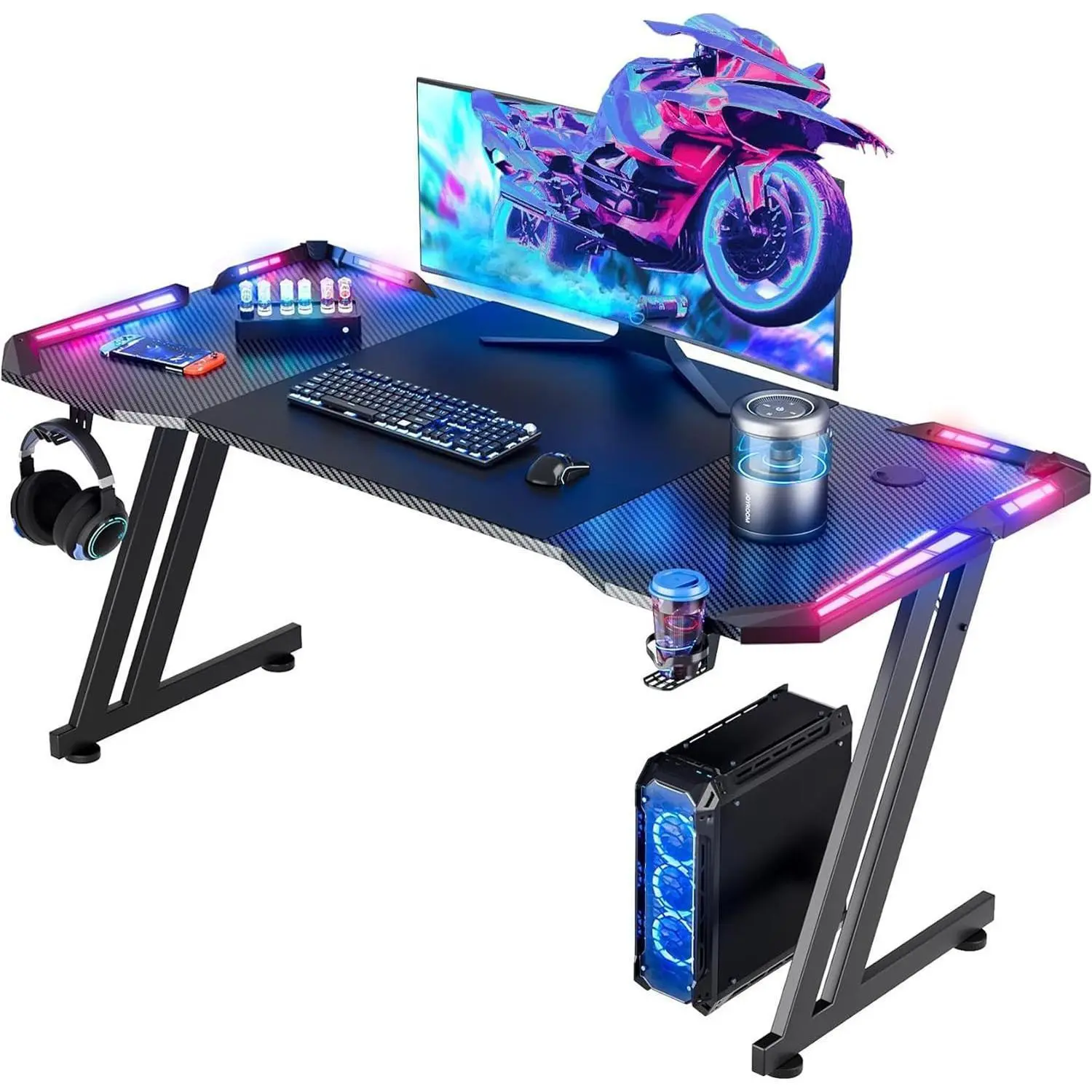 Ecofurnix Minimalist Black Z-Shaped Carbon Fiber RGB Gaming Desk (47/55/63 IN) - Furniture, Apartment/Room Furniture, Room Accessories, Dazzling Lights, Headphone Hook, Cup Holder, Easy Assembly, Cool Stuff for Teen Boys, Home & Office Use