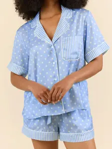 Sky Blue Dotted Print Short Pajamas Set for Women, Soft Button Down Short Sleeve Sleepwear with Pockets, Cute French Style Pjs Loungewear for Summer Home Spa Party, S-XL (Light Blue/Stripe Patchwork)