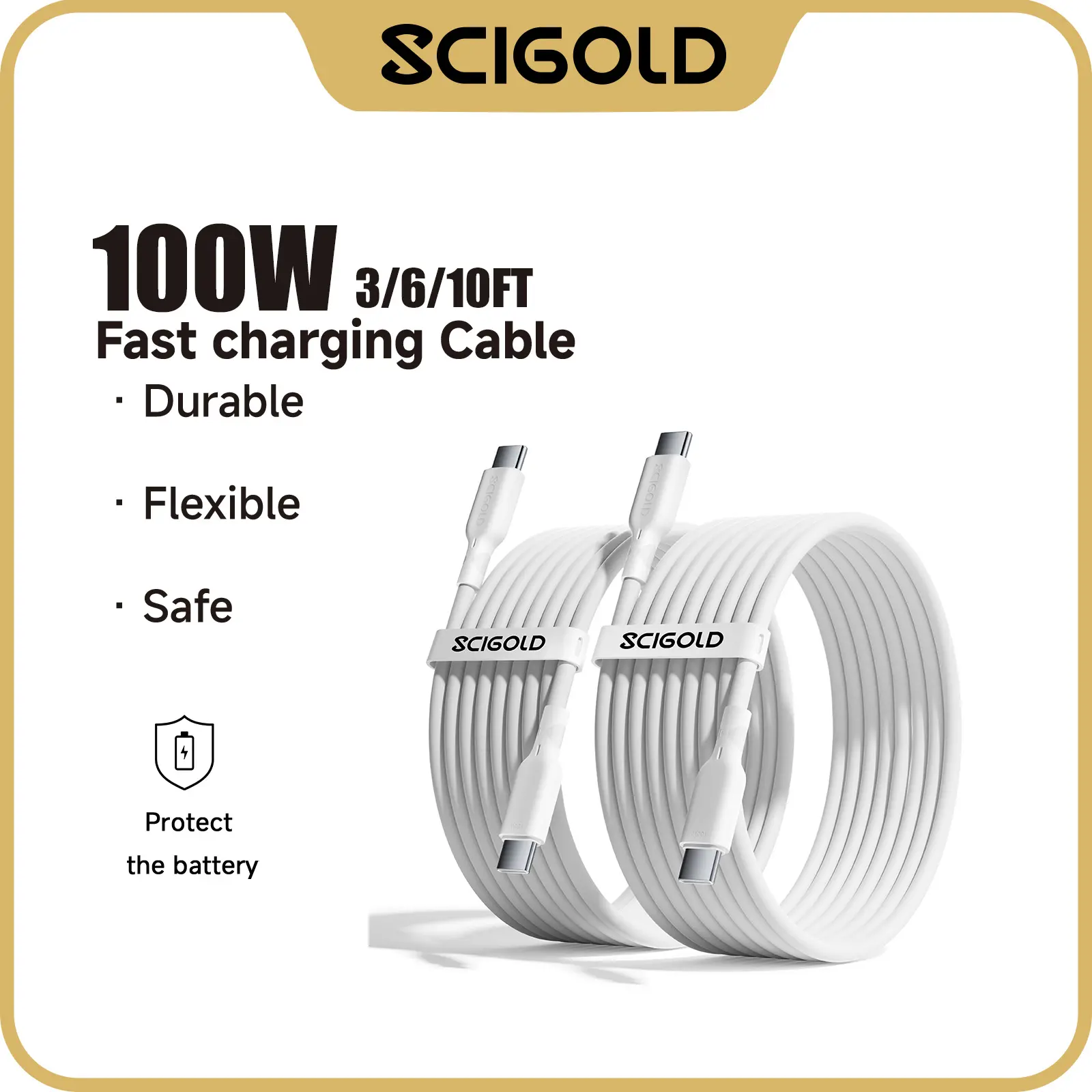 Scigold 2-Pack USB-C to USB-C 100W Fast Charging Cable White 3/6/10FT, Soft Silicone PD Charger Cord for iPhone 15/16/17 Series, Samsung Galaxy S24/S23, MacBook Air/Pro, iPad Pro
