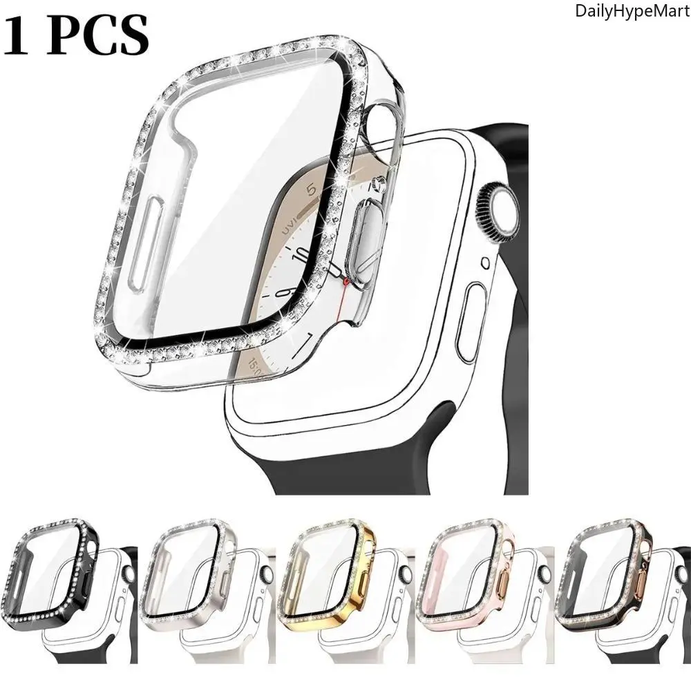 Rhinestone 2-in-1 Watch Case with Tempered Glass Screen Protector, Anti-fall Ultra-thin Cover for Apple Watch 38-46mm Series SE/1-11, Accessories, Durable