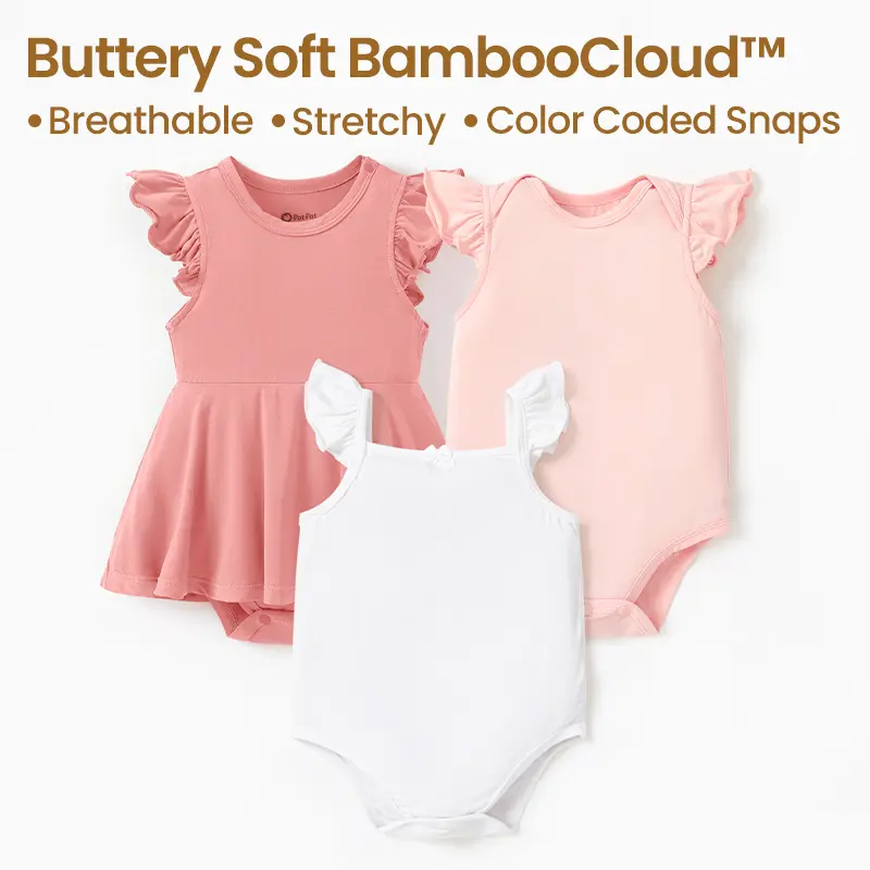 PatPat 【BambooCloud】3&2 Pack Baby girl Pink and White Bamboo Soft Bodysuits Baby One-pieces