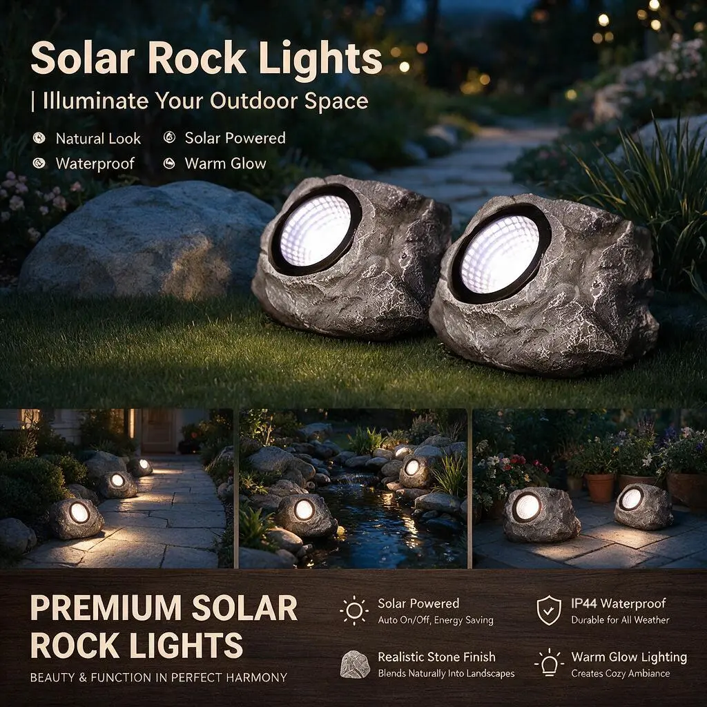 3-Pack Solar Powered Stone Shape Outdoor Garden Lights - IP44 Rated, Battery-Free, Auto On/Off, Water Resistant, No Extra Wiring, Automatic Recharge, Easy Installation for In-Ground/Wall Porch Decor, Batteries, White Light