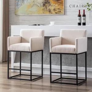 CHAIRUS Bar Stools Set of 2, 26'' H Counter Height Bar Stools,Modern Counter Stools with Backrest and Arms, Black Metal Frames, Linen Fabric Upholstered Accent Bar Stools for Kitchen Island, Cream Bar Chair