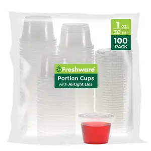 Freshware 1 oz Portion Cups with Lids (100 Pack) – Leakproof Sauce & Dressing Cups, Disposable Condiment Containers, Jello Shot Cups, Meal Prep & Dipping Sauce Cups