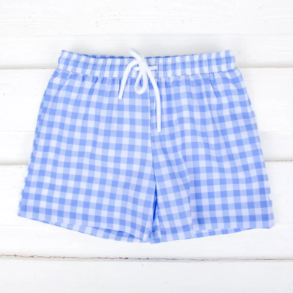 Capri Blue Gingham Swim Trunks - Classic Swim Shorts for Boys