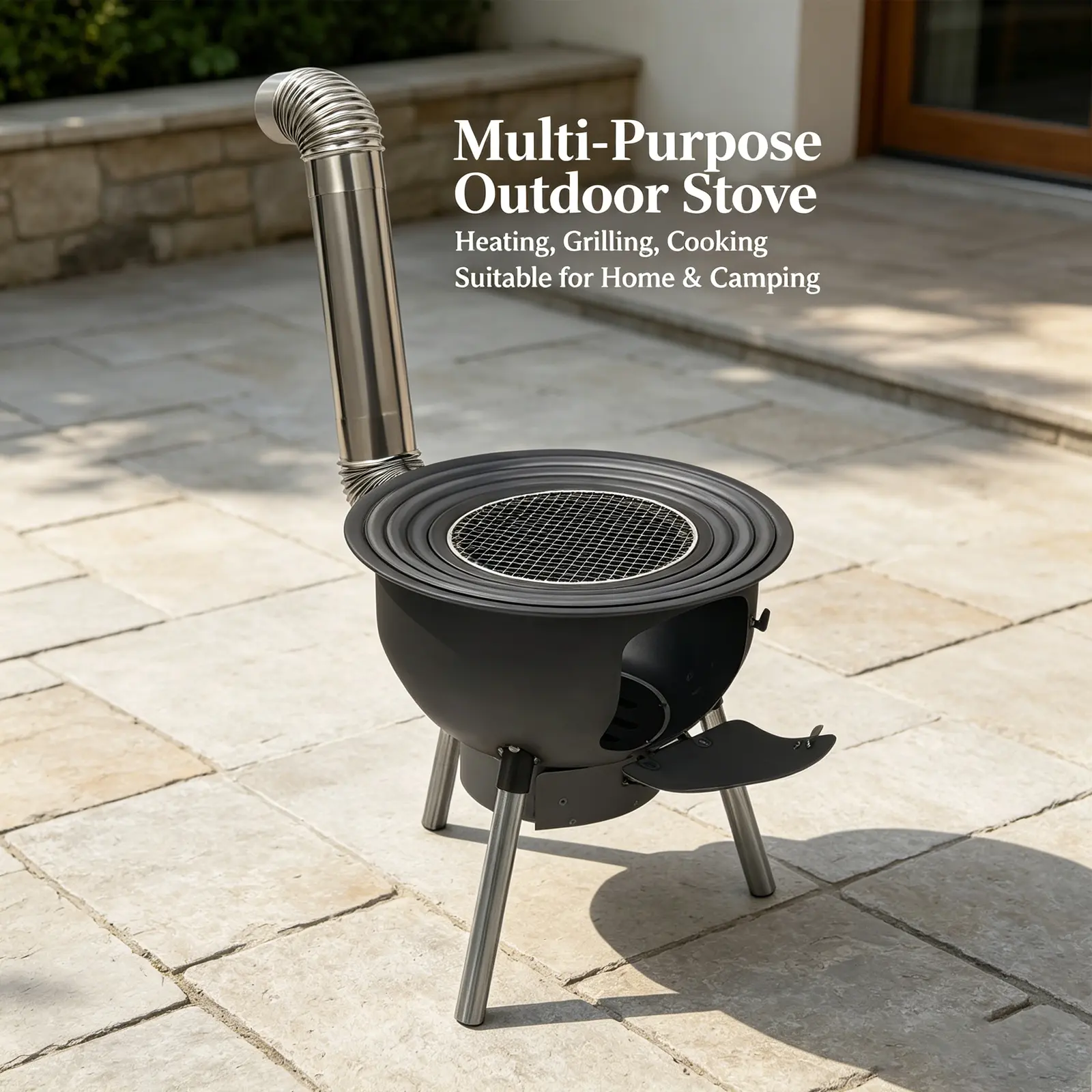 Wood Burning Stove, Multi-Cooking Indoor Furniture with 4 Wok Rings, Grill Rack, Cooking, Grilling, Heating Functions for Supports 6-10 People Camping