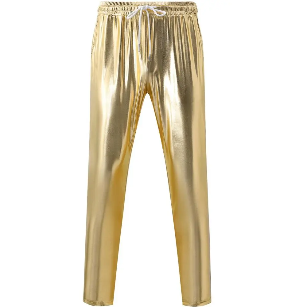 Clearlove Men's Metallic Pants Retro Club Wear High Shine Dance Trousers with Drawstring Waist Straight Leg Party Pants Gold L