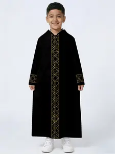 Formal Occasion Robe, Middle Eastern Velvet Hooded Design, Geometric Gold Embroidery, Stylish and Comfortable