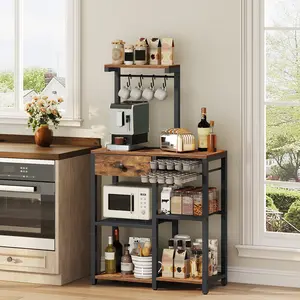 YATINEY Bakers Rack with Storage, 5-Tier Coffee Bar Station with Drawer, Kitchen Coffee Stand with Pod Drawer Holder, for Living Room, Home Cafe, Kitchen, Rustic Brown #SummerVibes