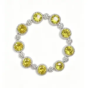 Round Yellow Citrine Color CZ Halo Tennis Bracelet Silver Plated Full Surrounded Diamond Link Bracelet Luxury Women Jewelry Gift