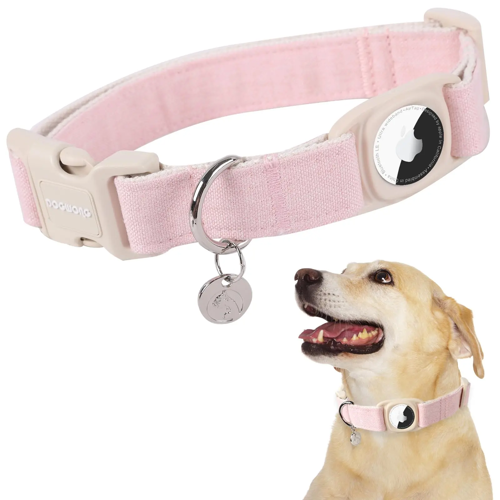 [AirTag Not Included]DOGWONG Cotton Hemp Dog Collar - Heavy-Duty Dog Accessories with Airtag Holder for Small to Large Dogs Leash summerwins
