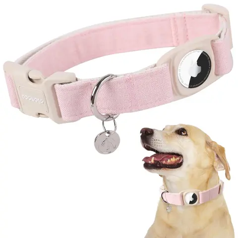 [AirTag Not Included]DOGWONG Cotton Hemp Dog Collar - Heavy-Duty Dog Accessories with Airtag Holder for Small to Large Dogs Leash