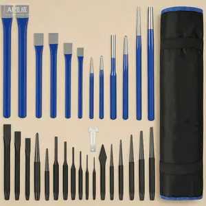 30-Piece Professional Punch and Chisel Kit, Heavy-Duty Cold & Cape Chisel Set with Center, Pin and Taper Punches, Blackened Painted Finish for Durability, Includes Roll Pouch and Gauge, Reusable Tool Set for Metalworking