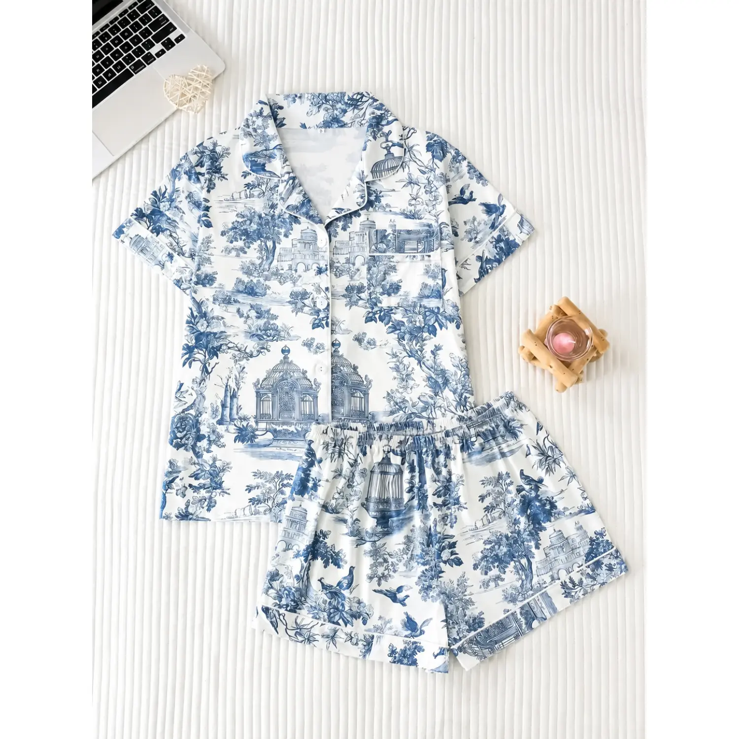 Elegant French Landscape Print Silk Pajama Set for Women - High-Quality, Luxurious Comfort, Loose Fit Casual Buttoned Loungewear with Matching Nightwear Shorts