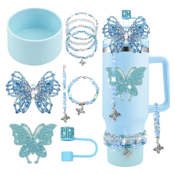 10PCS Butterfly Stanley Cup Tumbler Accessories 30 40oz | Tumbler Accessories including Diamond Butterfly Charms, Straw Cover Topper, Silicone Tumbler Boot, Stickers Bracelets Charm