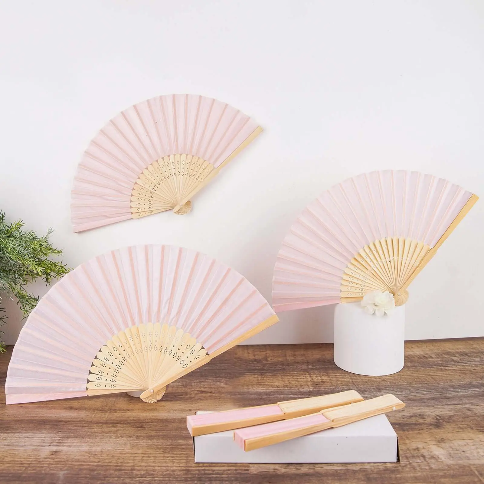 Silky 5-Pack Blush Pink Chinese Silk Folding Hand Fans - Modern Solid Home Decor Wall Art, Gifts/Souvenir Party Favors, Living Room, Minimalist