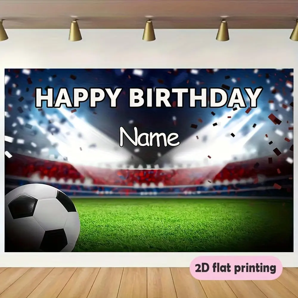 1PC Polyester 2D Flat Customizable Football Theme Birthday Backdrop - Custom Name, Soccer Field Photo Background, Reusable Kids' Party Banner for Home & Festive Photography Decor