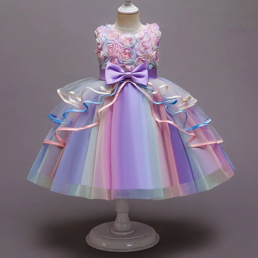 Rainbow Unicorn Girls Princess Dress 4 to 10 Years Flower Elegant Birthday Kid's Dresses Halloween Carnival Party Costume Pageant Formal Prom Tutu Gown Floral Dress