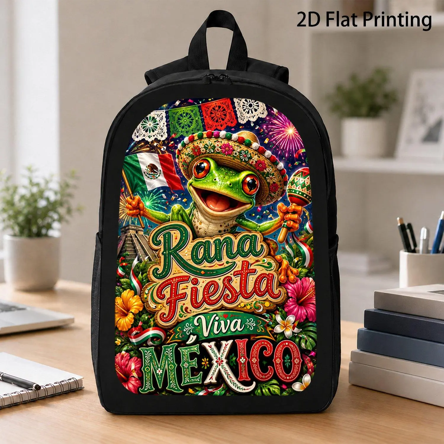 17 Inch Backpack 1pc Rana Fiesta Viva Mexico Frog Sombrero Maracas Mexican Flag September 16 Graphic Backpack Popular Mexican Independence Day Travel School Bag for All Ages