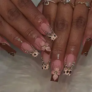24pcs Medium Square Leopard Print Press-On Nails, 3D Gel Petal Design, Elegant Rhinestone Decorated, Sweet European Style, Easy Wear Acrylic Nail Set for Women and Girls, Nail Art Supplies
