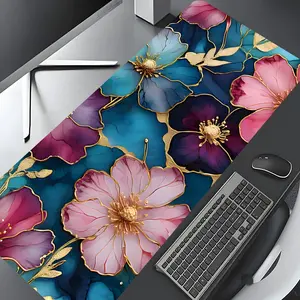 Boho Blue Purple Gilded Foil Floral Design Large Gaming Mouse Pad, Desktop Protection Pad, Desk Accessories, Desktop Accessory, Washable Rubber Non-Slip Lock Edge Multi-Size Mouse Pad For Home Office, Good Gift for Family and Friends