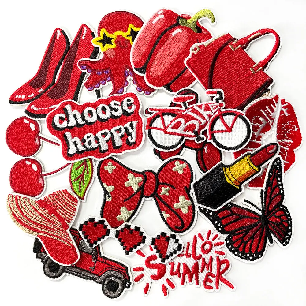 16PCS Vintage Red Embroidered Patches, Iron-On/Sew-On Appliques Embellishments with Hot-Melt Bond Stays Put for DIY Projects, Clothing Jackets Jeans