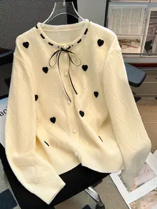 Spring Fall Heart Patch Design Belted Pearl Buckle Button Cardigan, Casual Sweet Style Aesthetic Valentine's Day Sweater Coat Knitwear, Loose-Fitting Plain Pattern Womenswear Tops