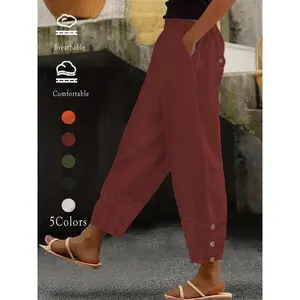 Women's Casual Linen Harem Pants, Lace Details, Bright Colors, Elastic Waistband, Perfect Vacation, Multiple Sizes Available