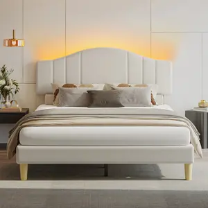 Pinmoco Upholstered Bed Frame with Adjustable Arc-shaped Headboard LED Platform Bed Modern Elegant Design Sturdy Noise Free Quick Assembly No Box Spring Needed